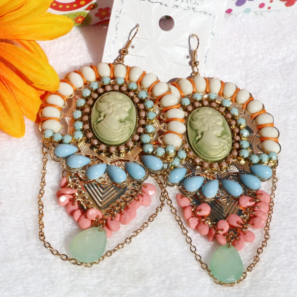NEW! Huge Boho Dangle Earrings Goldtone Bead Cameo